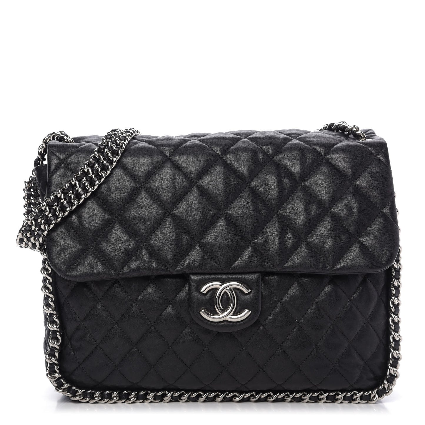 Washed Lambskin Quilted Maxi Chain Around Flap Black