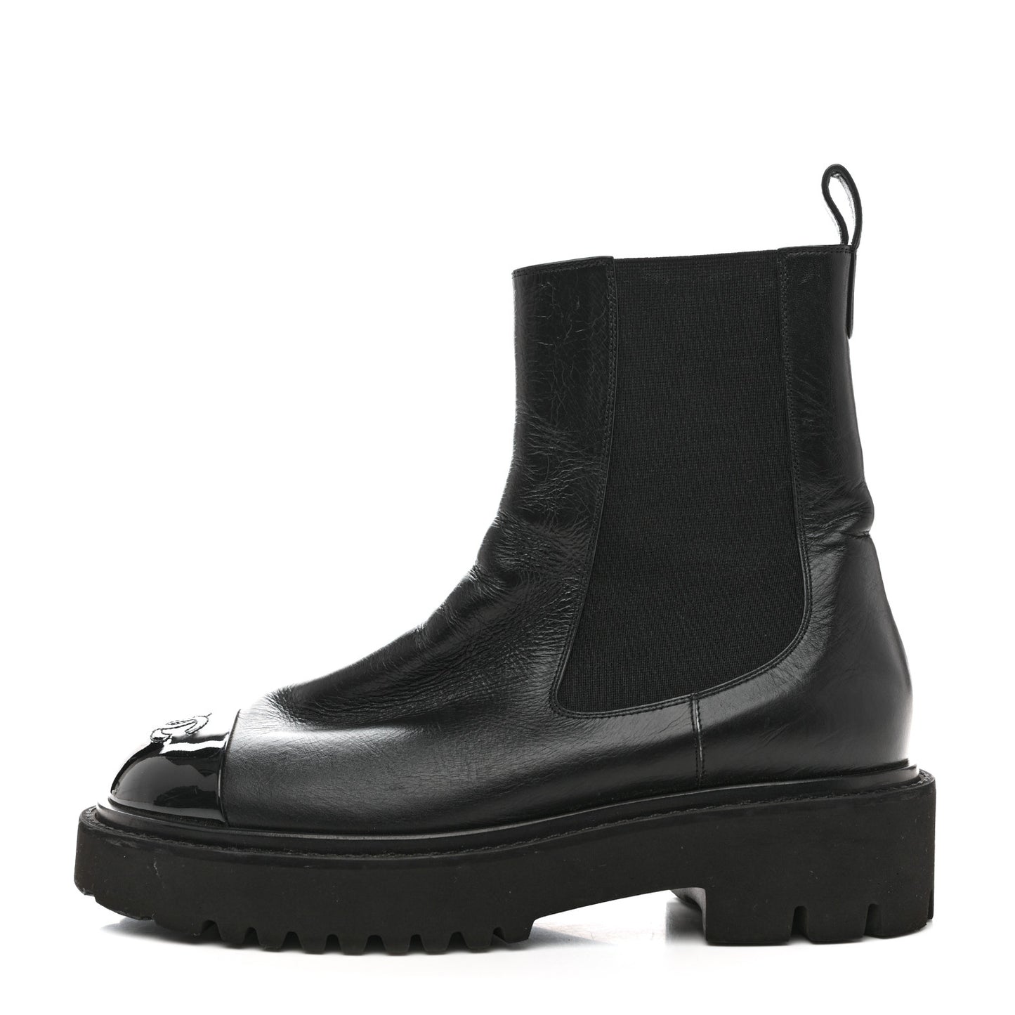 Crumpled Calfskin Patent Cap Toe Short Boots 39.5 Black