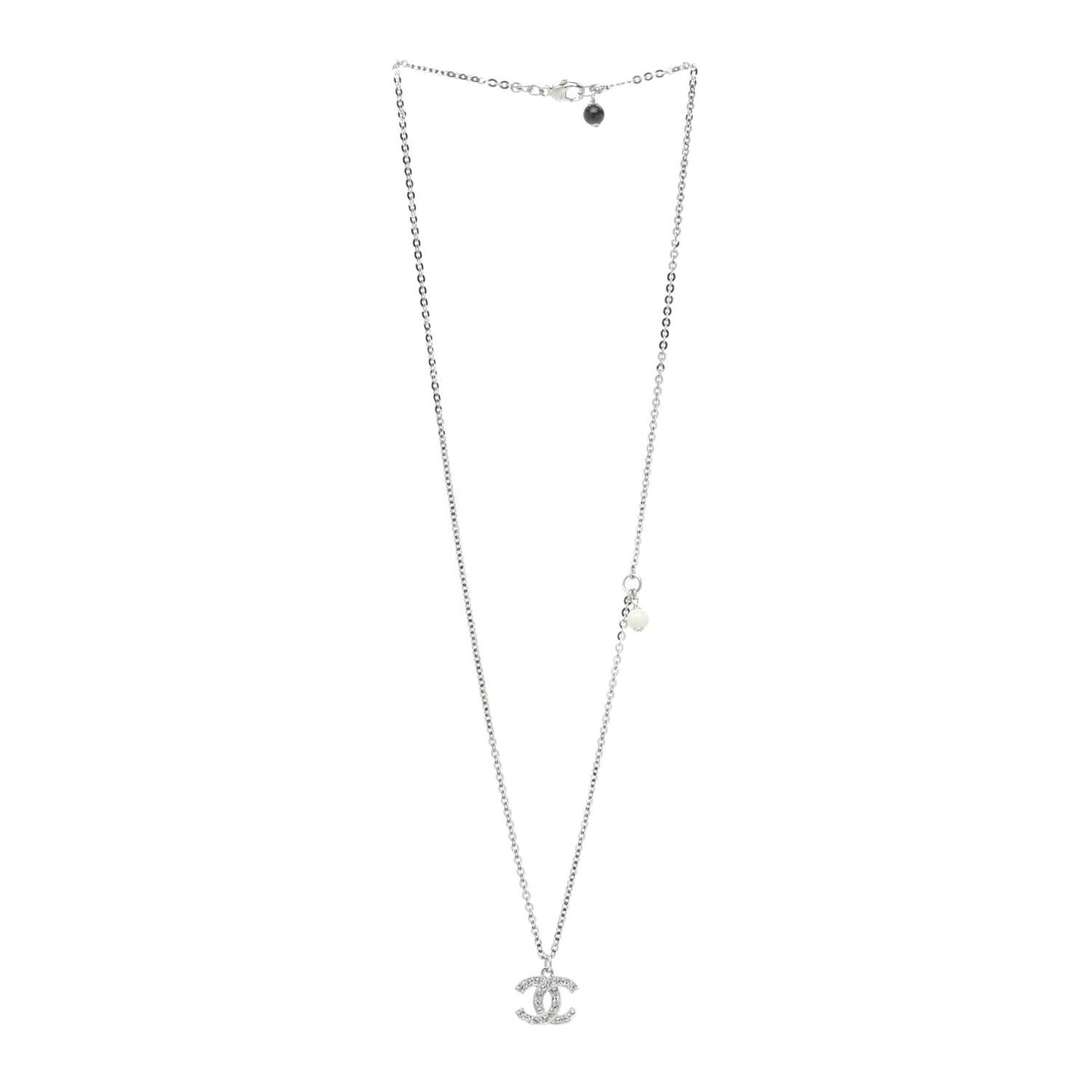 Crystal Pearl CC Pendant Necklace Silver Black
