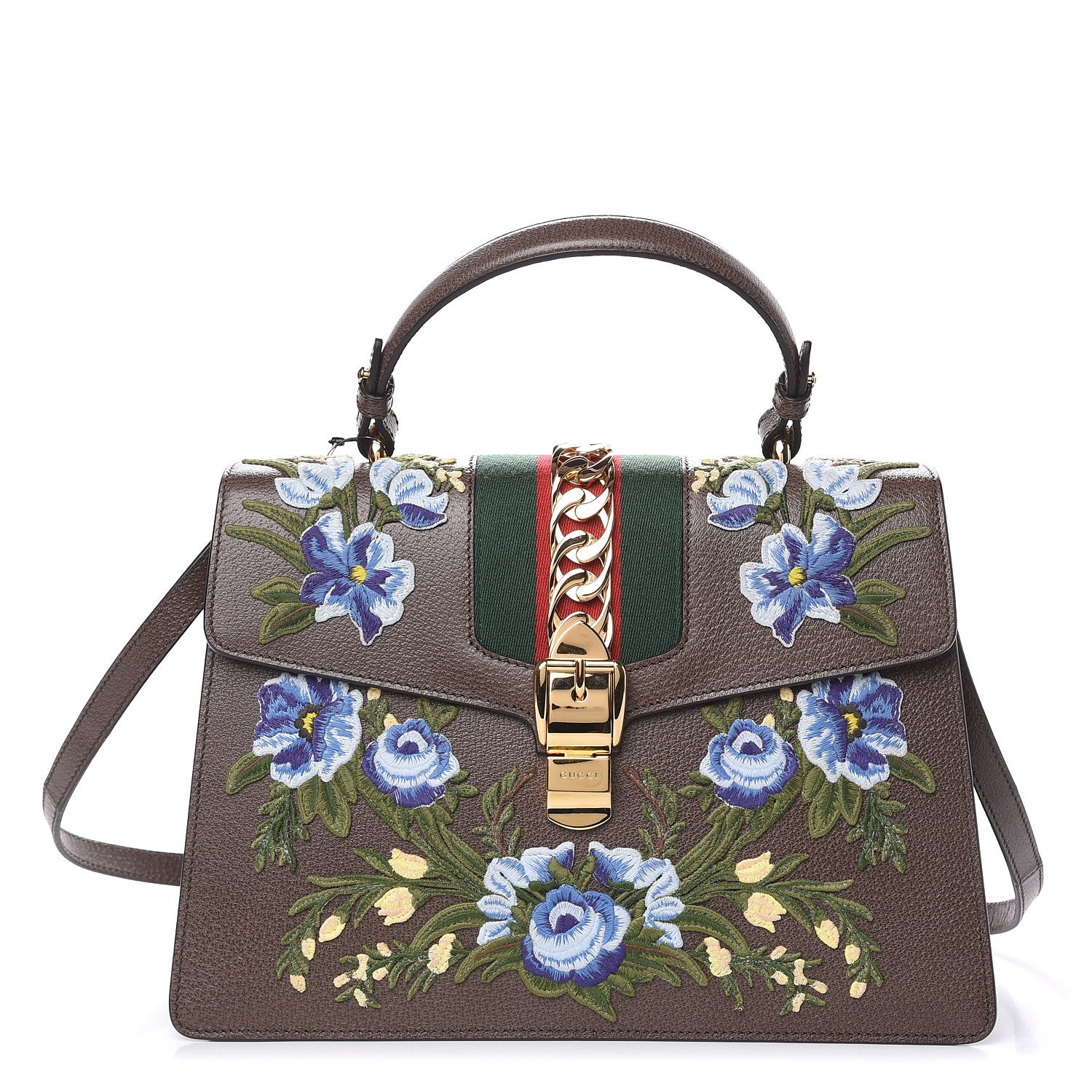 Gucci Calfskin Embroidered Medium Sylvie Top Handle Bag New Acero Multicolor 1 of 9