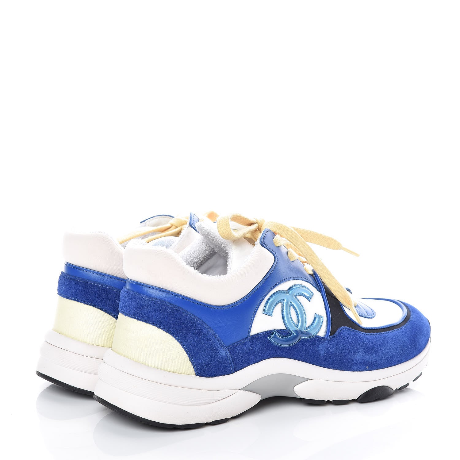 Chanel Nylon Lambskin Suede CC Womens Sneakers 37.5 Blue White Black 4 of 13