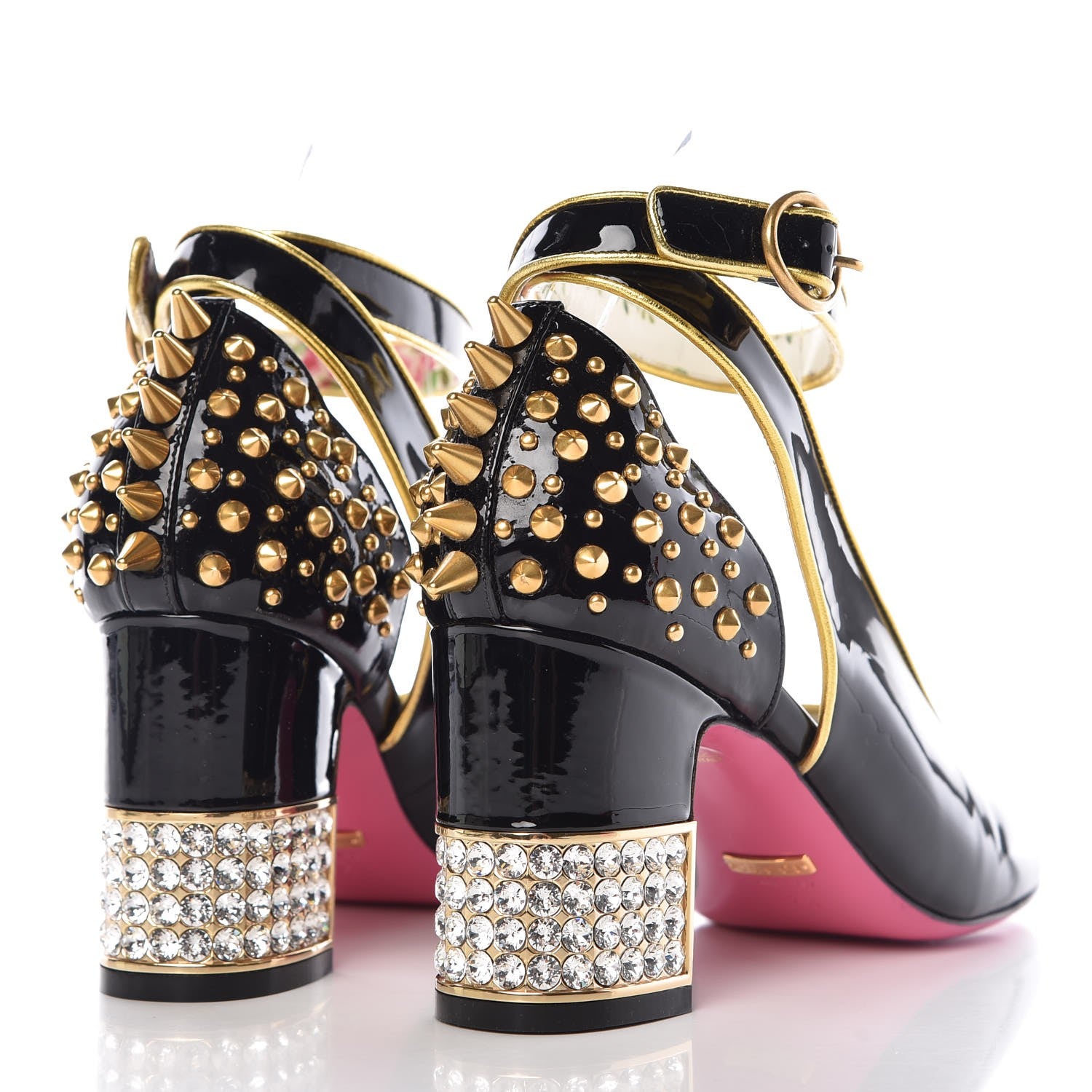 Gucci Patent Studded Crystal Block-Heel Pumps 37.5 Black Gold 4 of 9