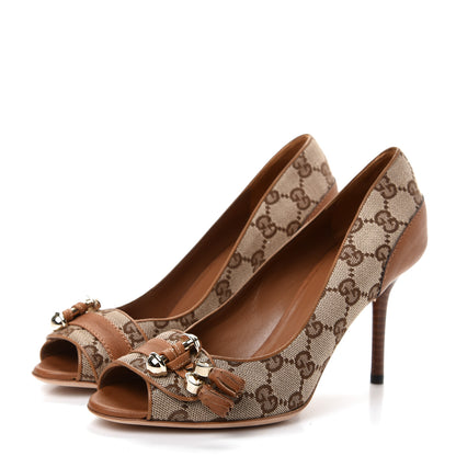 Gucci Monogram GG Peep Toe Pumps 37 Brown 3 of 10