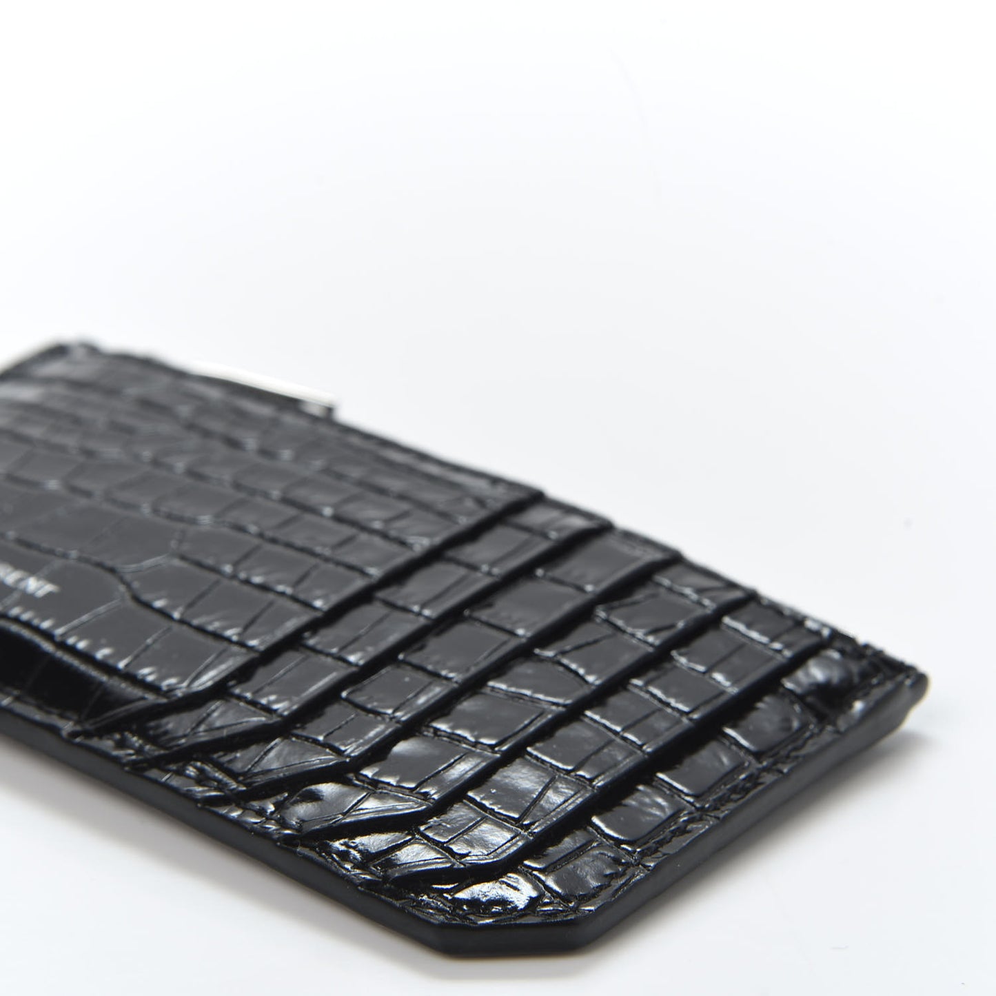 Calfskin Crocodile Embossed 5 Fragments Zip Pouch Card Holder Black
