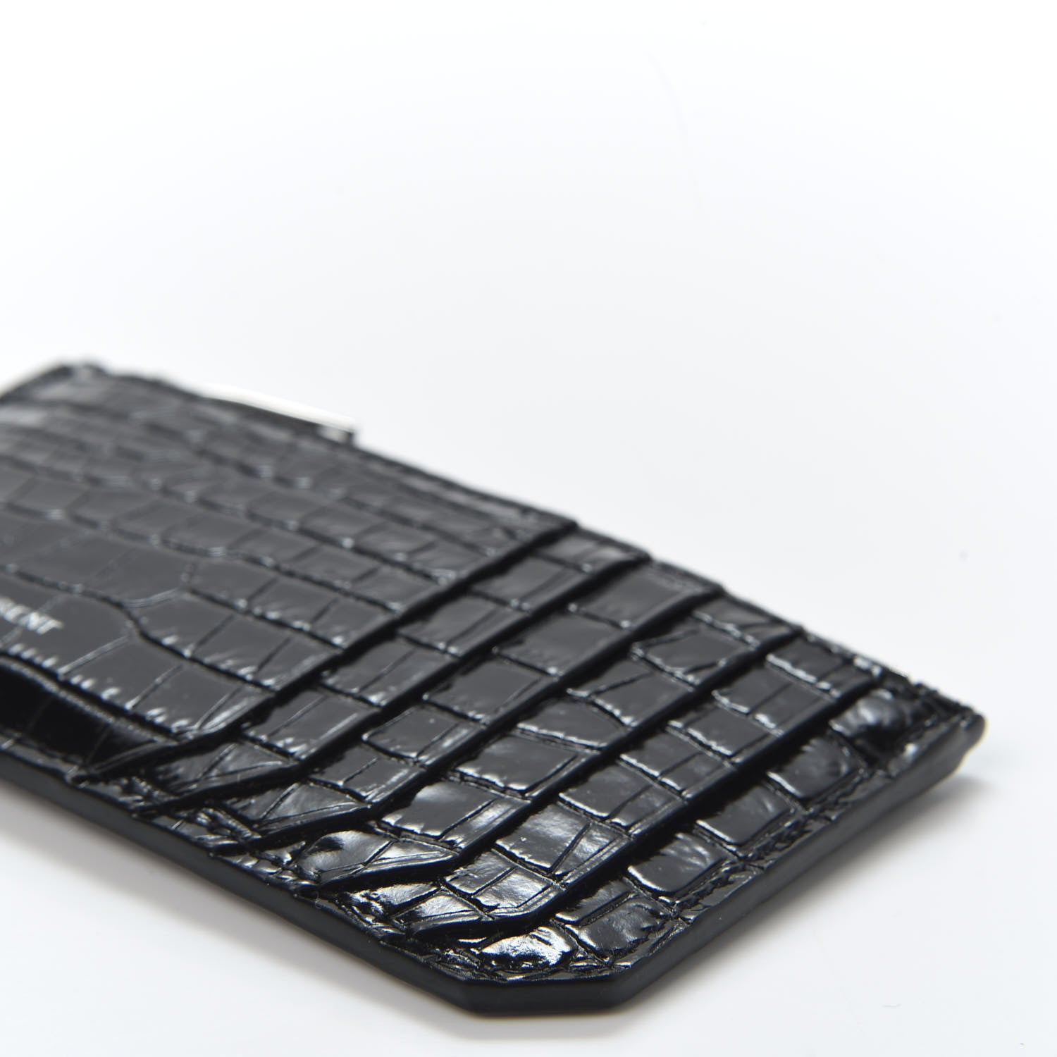 Saint Laurent Calfskin Crocodile Embossed 5 Fragments Zip Pouch Card Holder Black 6 of 8