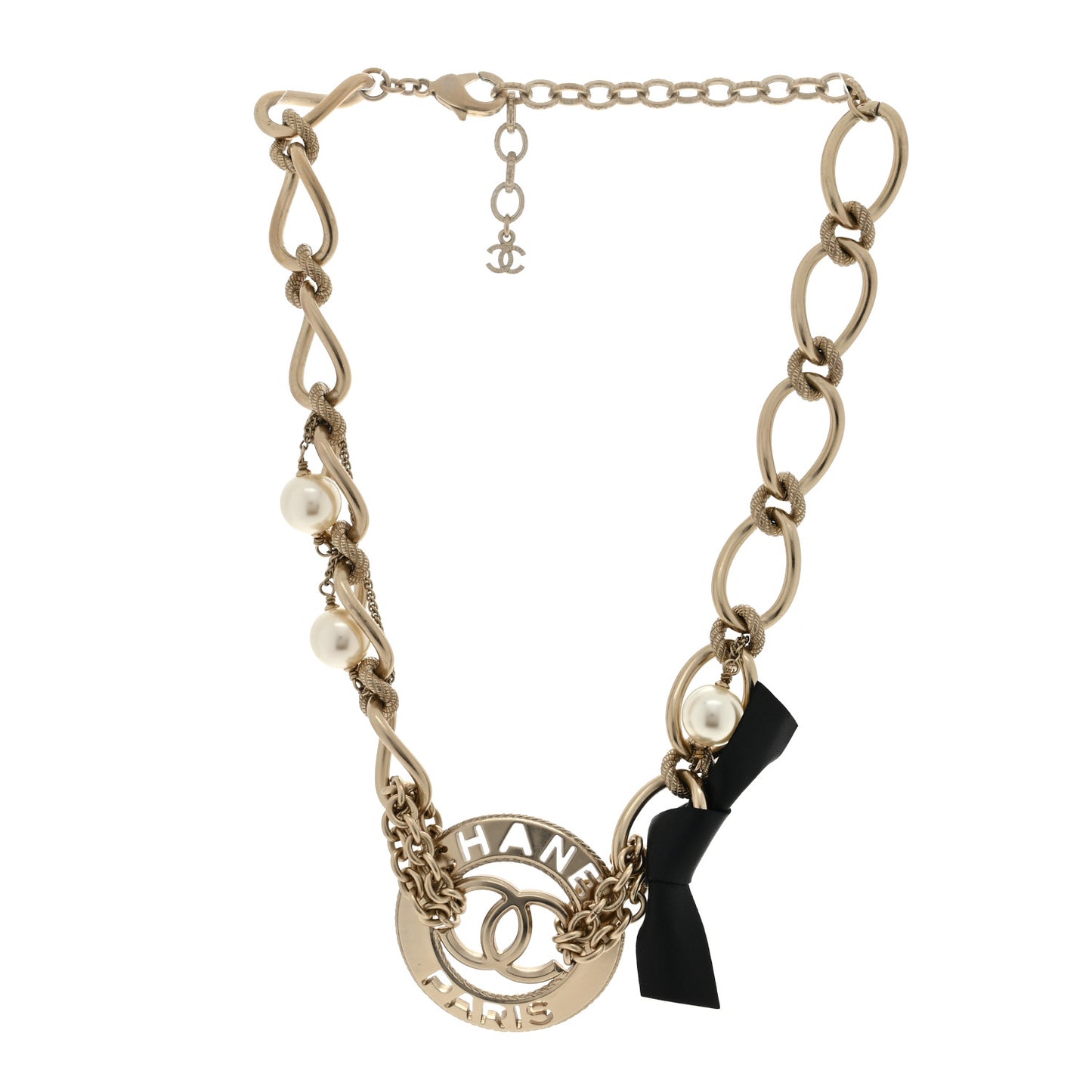 Metal Pearl Chain CC Paris Pendant Necklace Light Gold