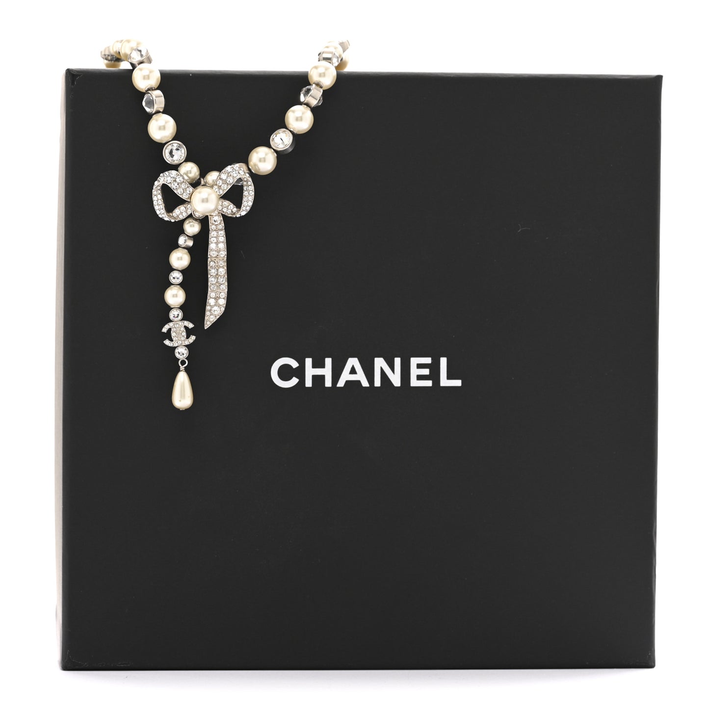 Crystal Pearl Bow CC Necklace Silver