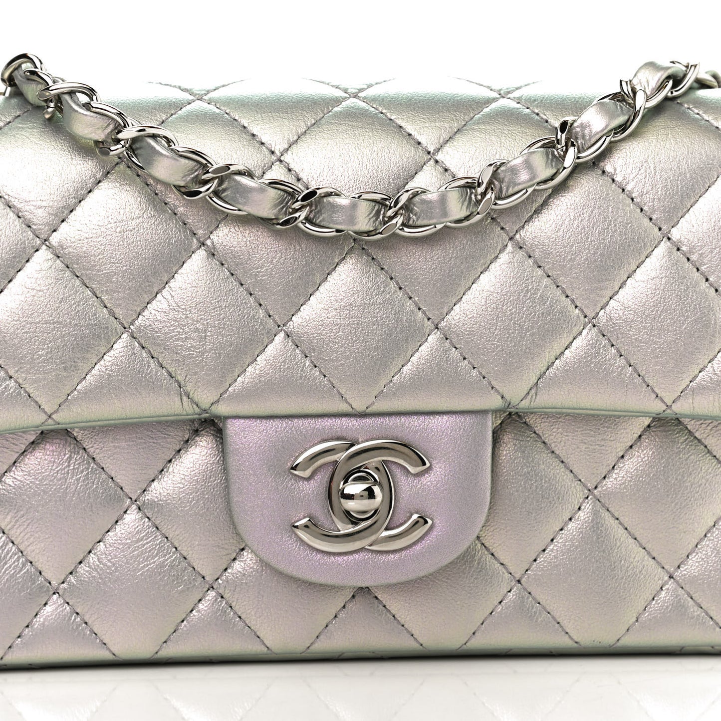 Iridescent Lambskin Quilted Mini Rectangular Flap Light Purple