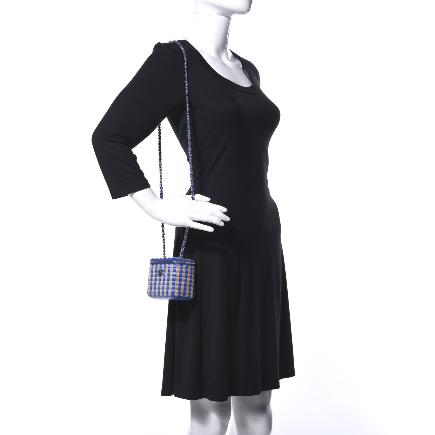 Chanel Raffia Jute Striped Mini Vanity Case With Chain Blue Beige 2 of 14