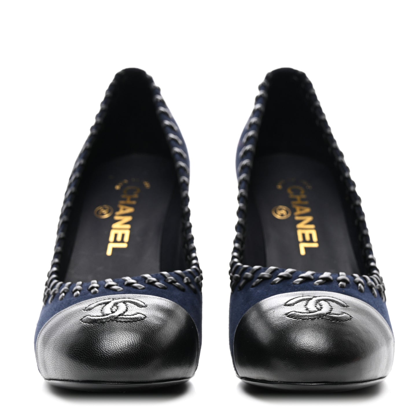 Suede Lambskin Cap Toe Whipstitch Pumps 37 Navy Black