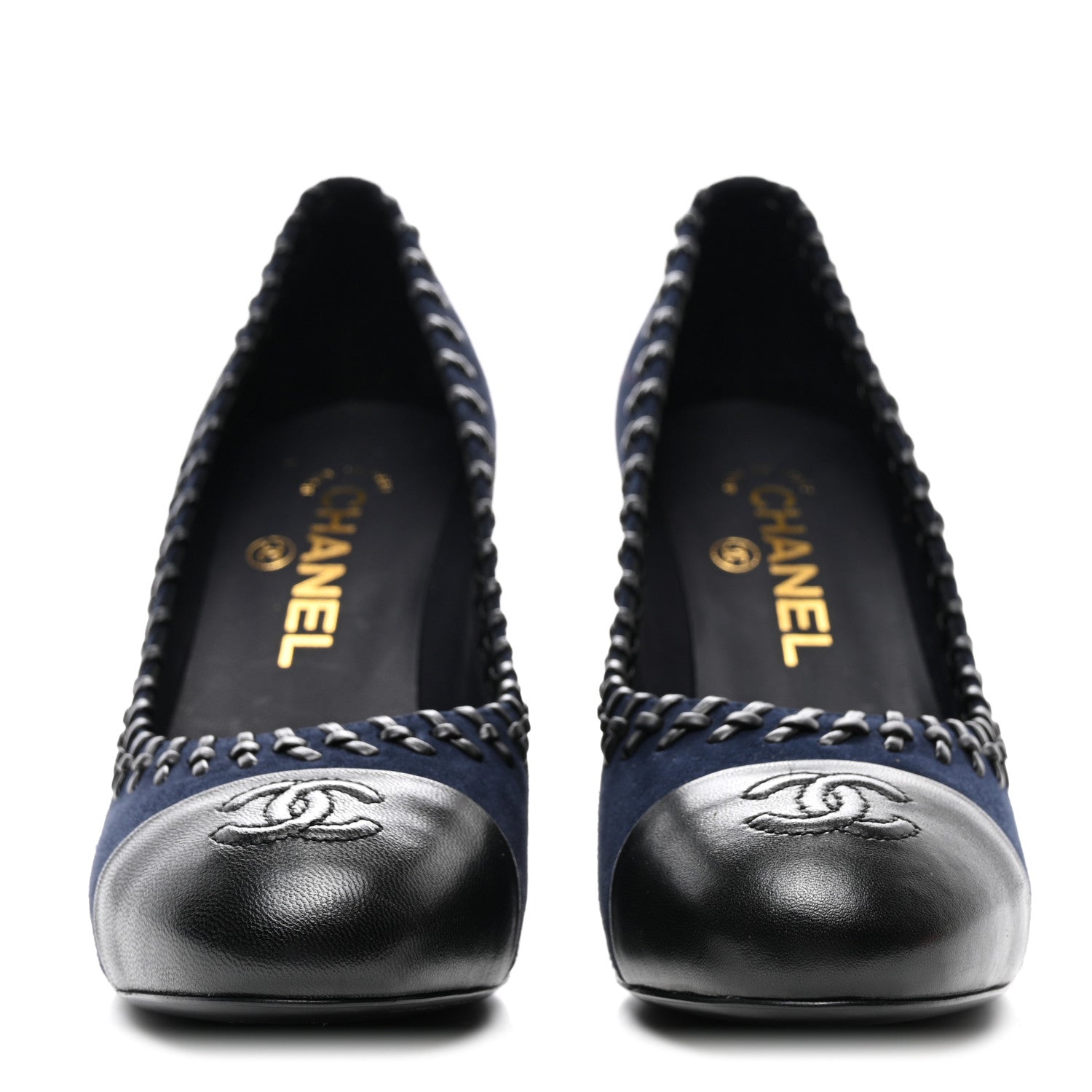 Chanel Suede Lambskin Cap Toe Whipstitch Pumps 37 Navy Black 2 of 8
