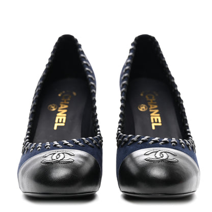 Chanel Suede Lambskin Cap Toe Whipstitch Pumps 37 Navy Black 2 of 8
