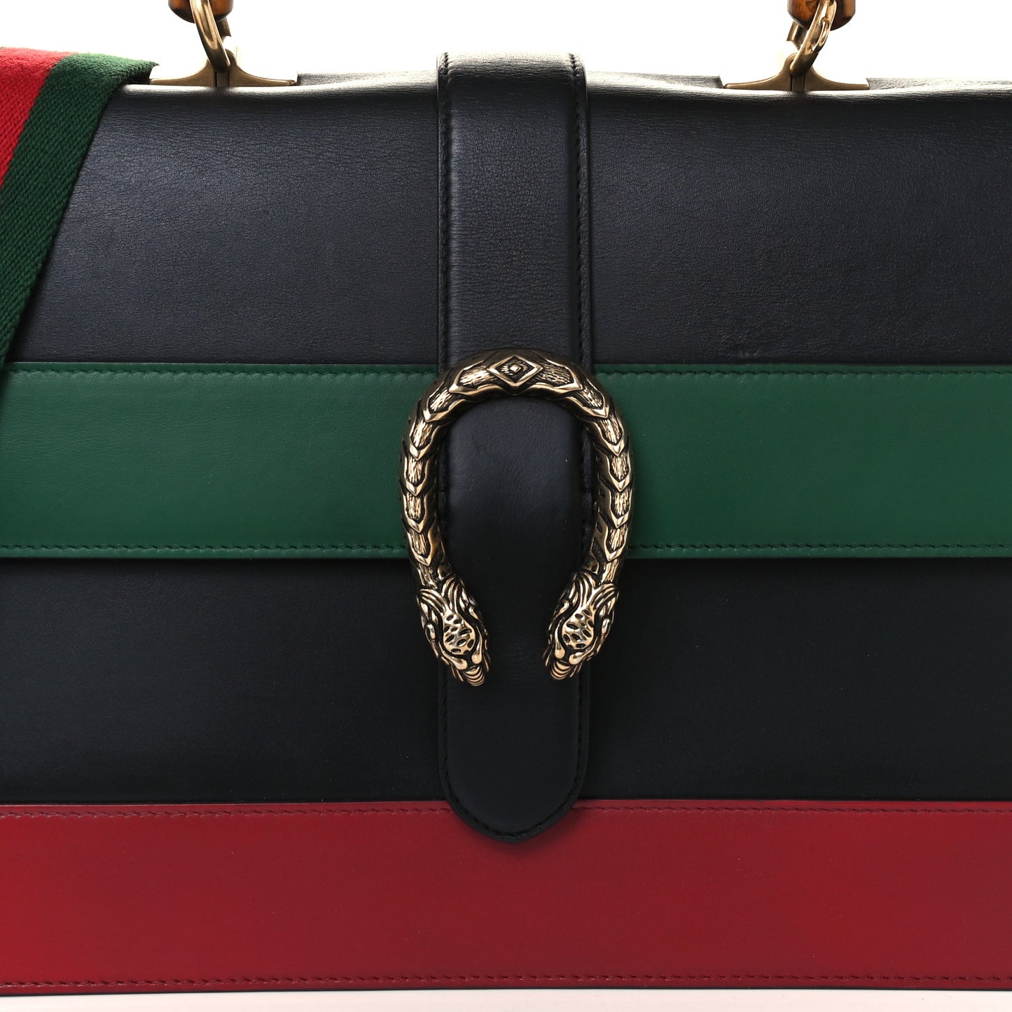 Calfskin Bamboo Web Large Dionysus Top Handle Bag Black Bright Evergreen Hibiscus Red