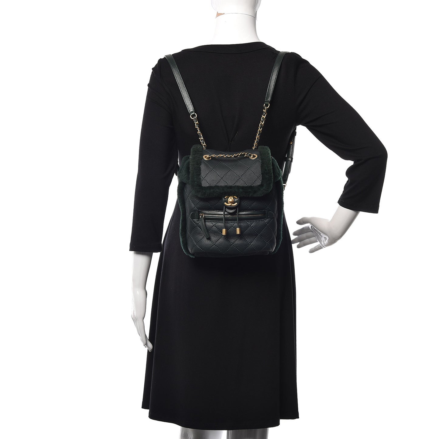 Lambskin Shearling Quilted CC Backpack Dark Green