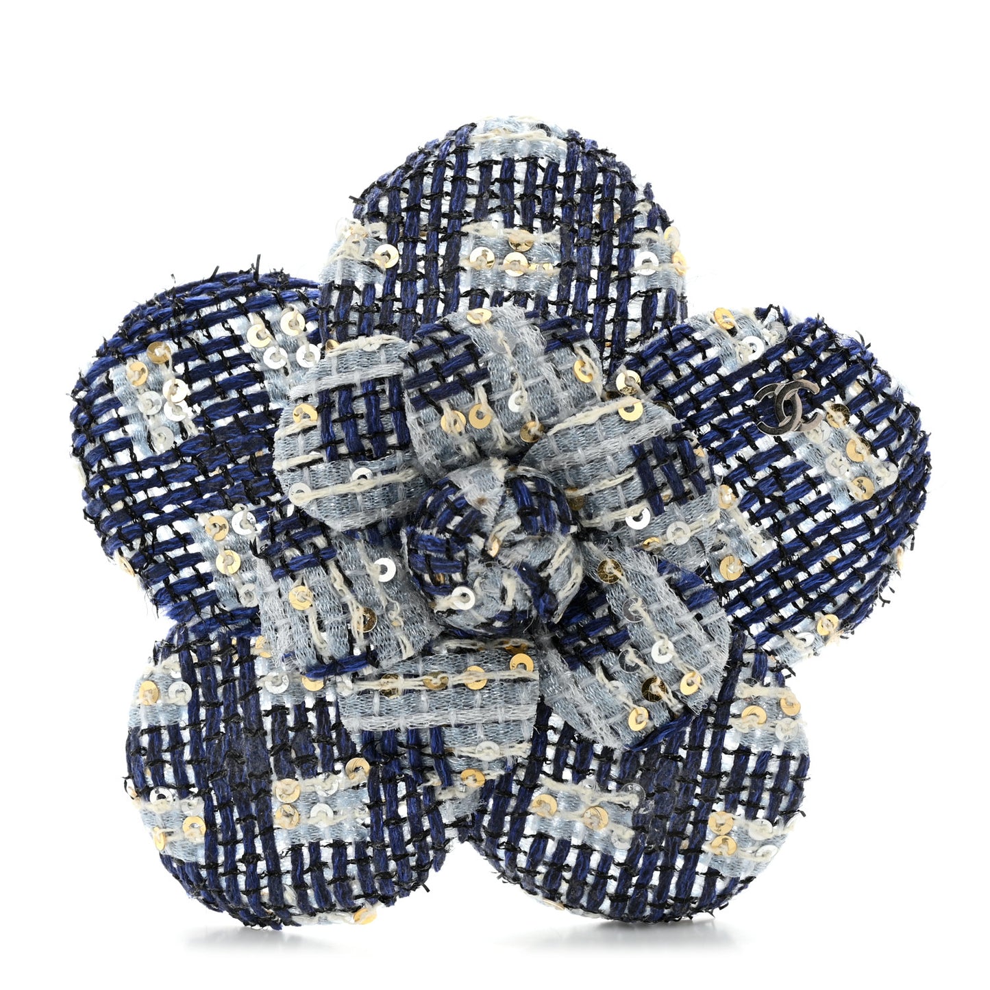 Tweed Sequin Camellia Pin Brooch Blue Multicolor