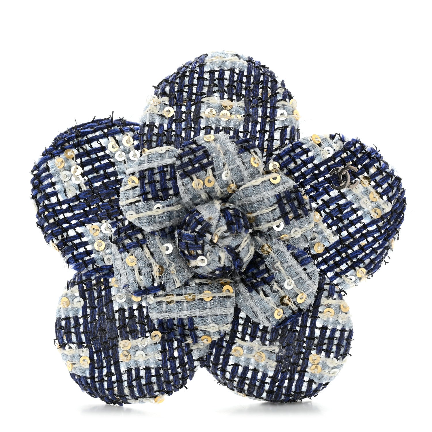Chanel Tweed Sequin Camellia Pin Brooch Blue Multicolor 1 of 4