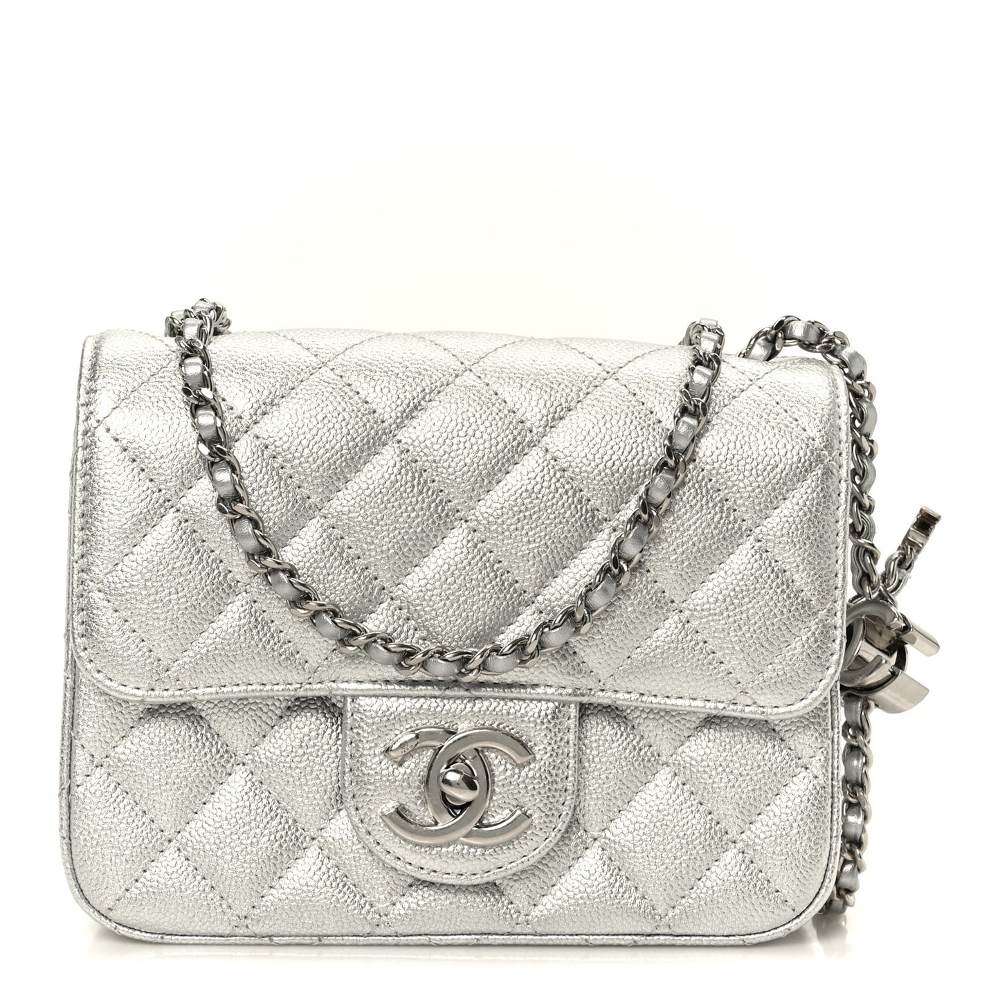 Metallic Caviar Quilted Mini Square CC Slide Flap Silver