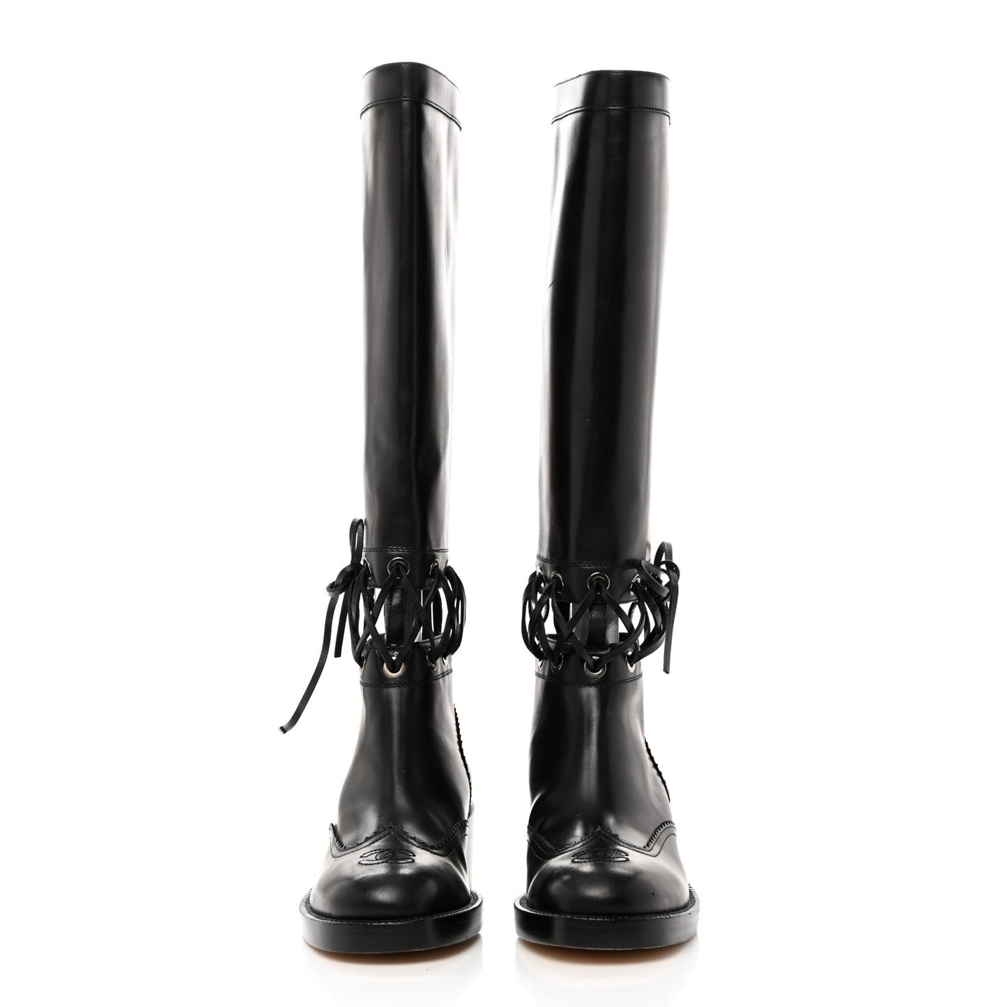 Calfskin Lace Up Knee High Boots 36.5 Black