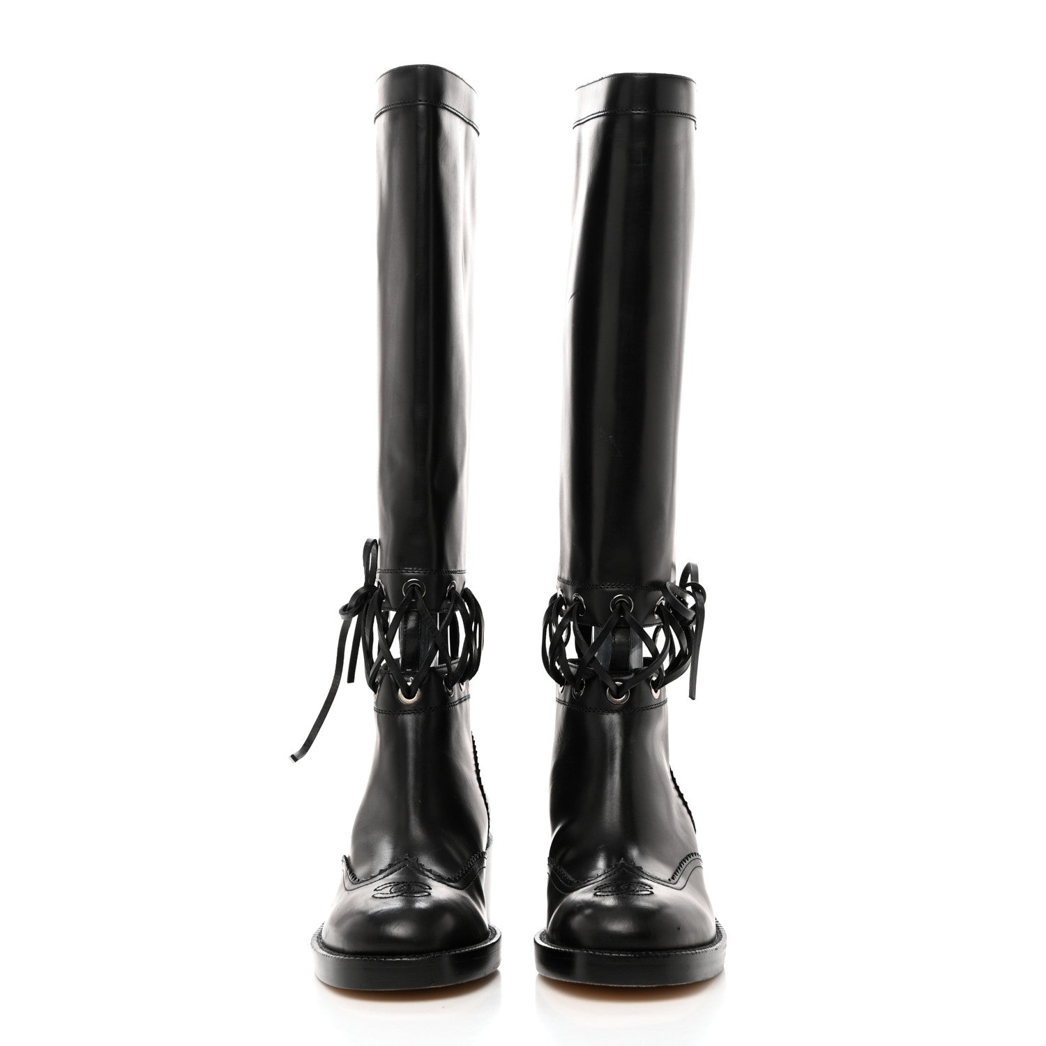 Chanel Calfskin Lace Up Knee High Boots 36.5 Black 2 of 7