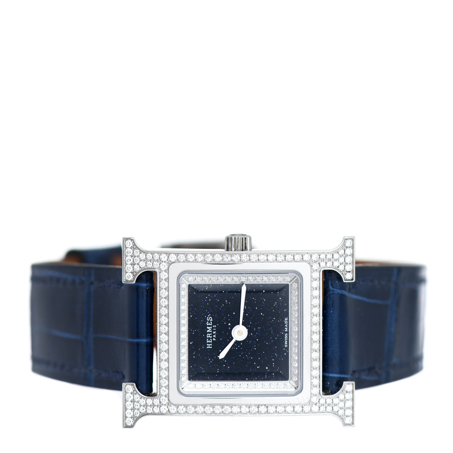 Hermes Stainless Steel Alligator Diamond Bezel Aventurine 21mm Heure H Hour Quartz Watch Bleu Saphir 2 of 5