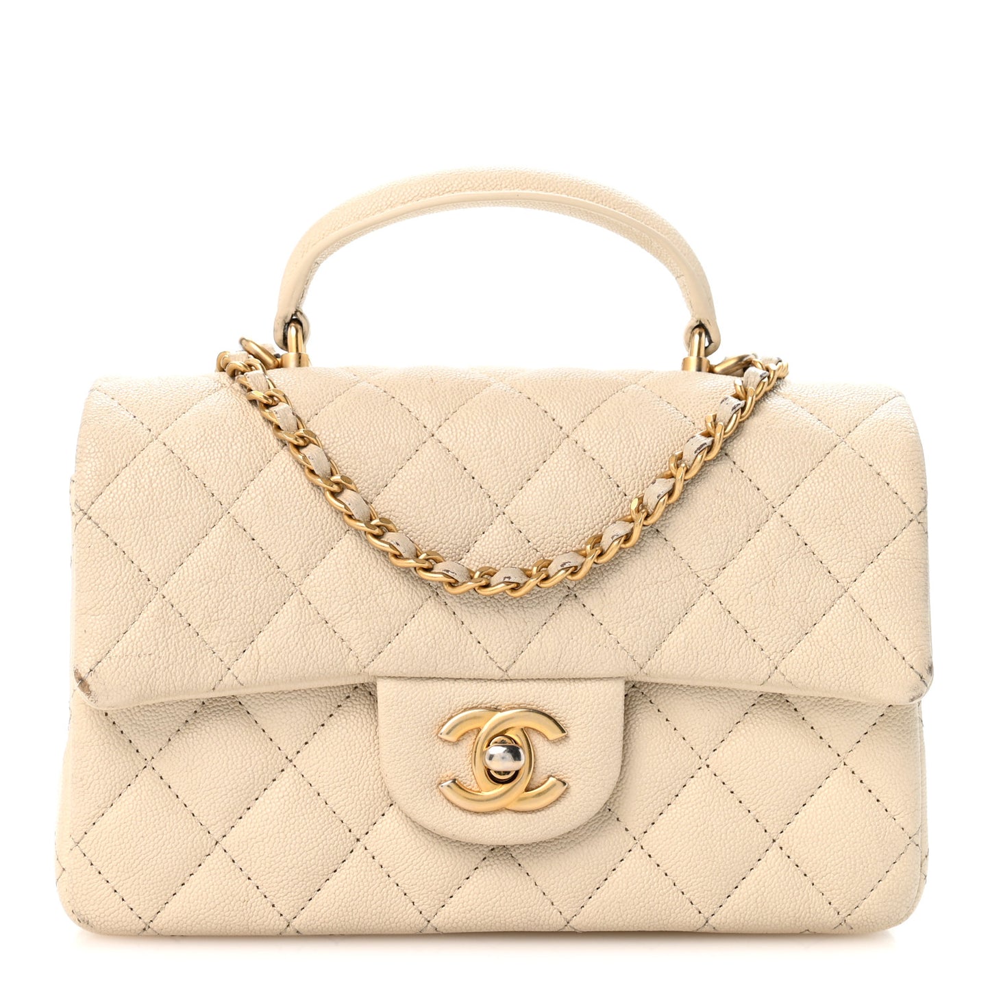 Caviar Quilted Mini Top Handle Rectangular Flap Beige