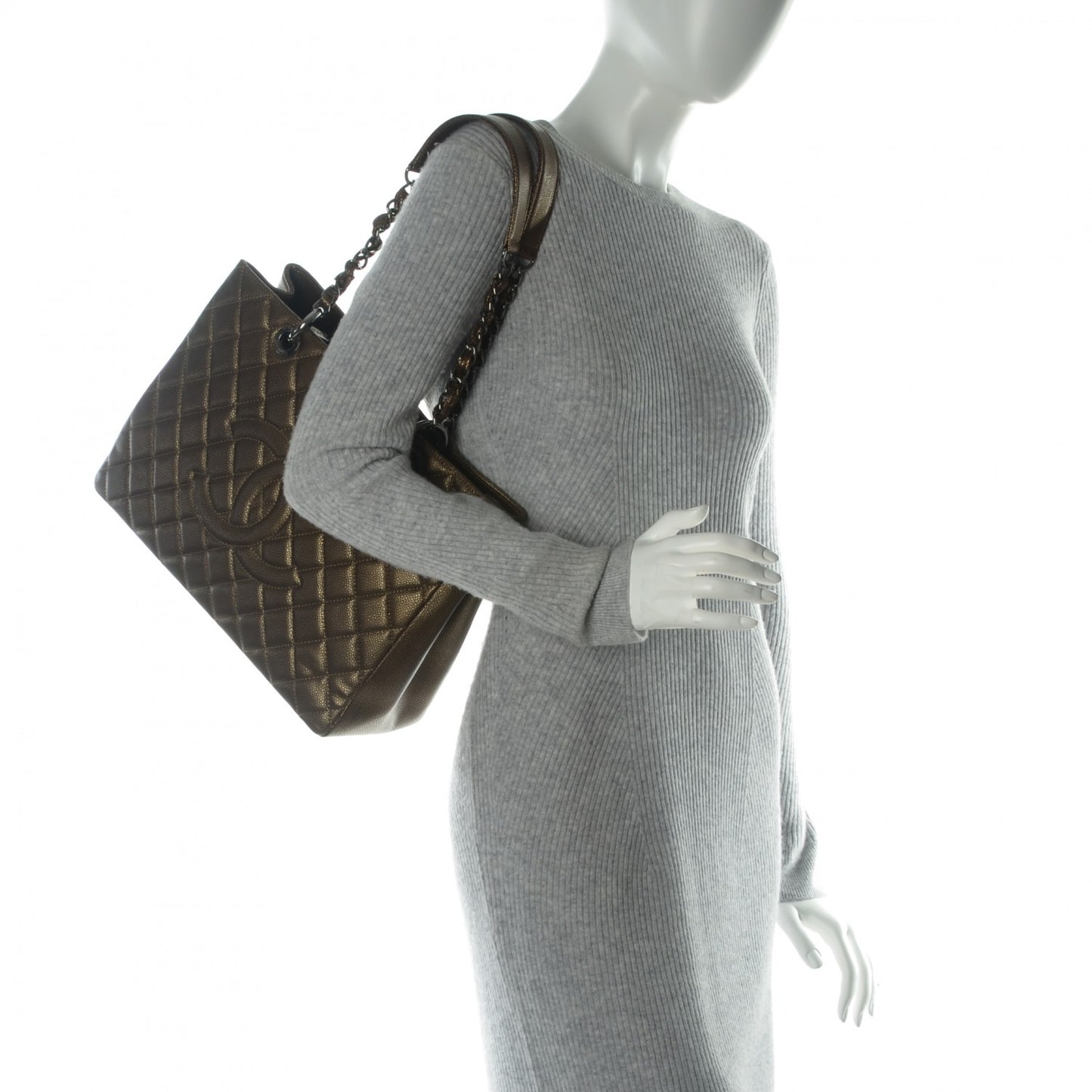 Metallic Caviar Quilted Grand Shopping Tote GST Khaki