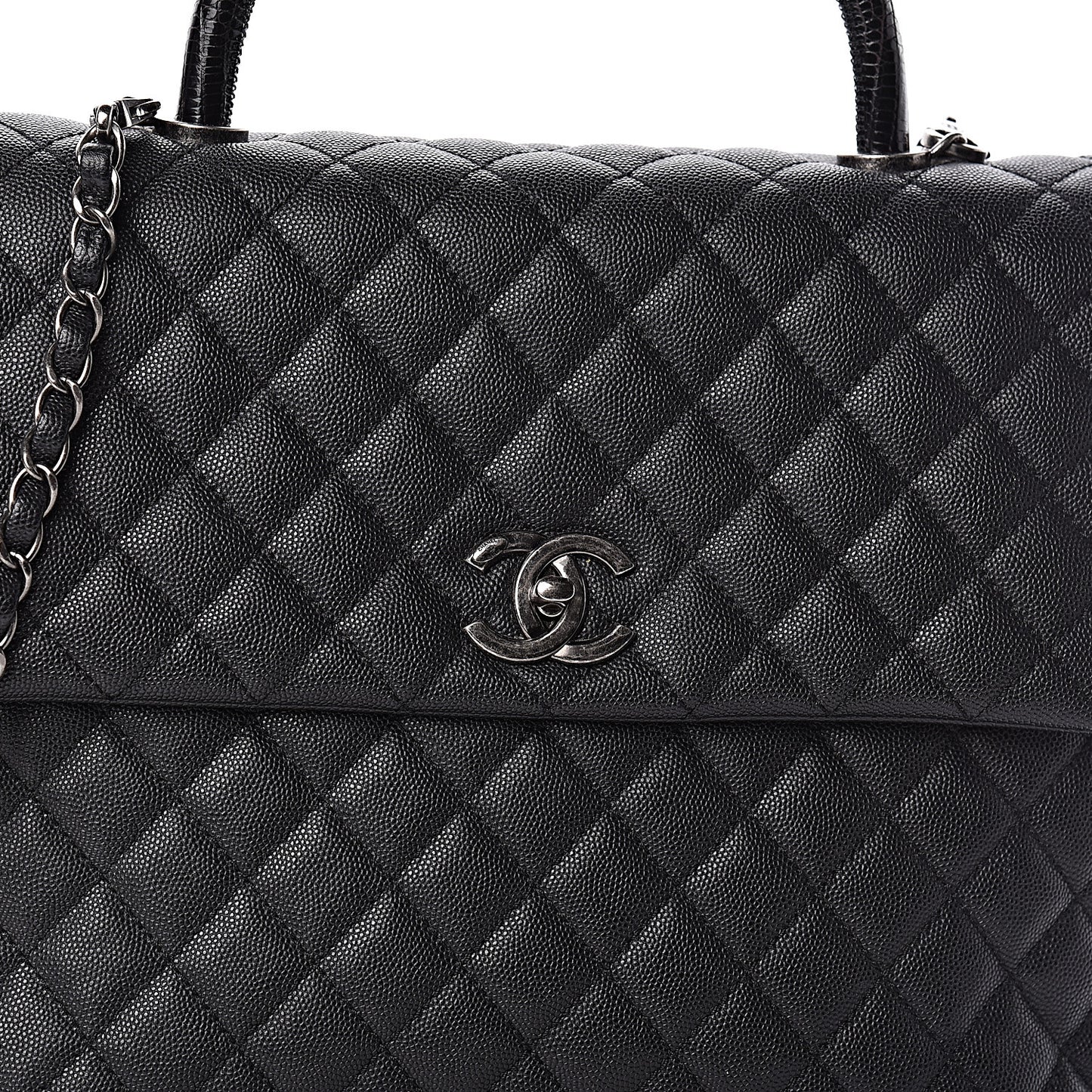 Caviar Lizard Quilted Large Coco Handle Flap Black