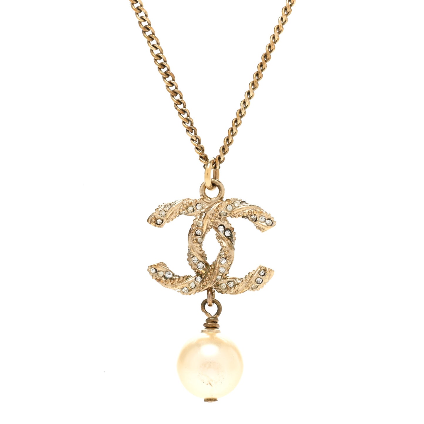 Pearl Crystal CC Drop Necklace Gold