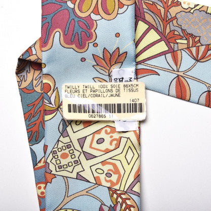 Hermes Silk Fleurs et Papillons de Tissus Twilly Bleu Ciel Coral Jaune 4 of 5