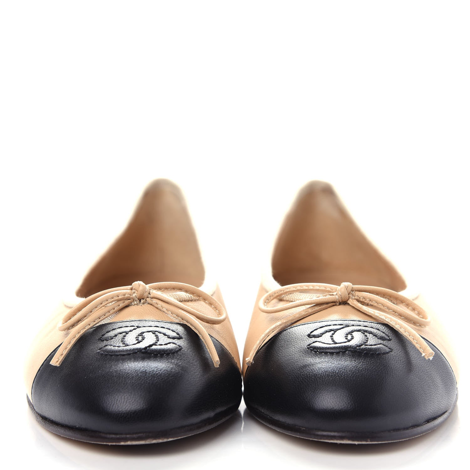 Chanel Lambskin Cap Toe CC Ballerina Flats 37.5 Beige Black 2 of 11