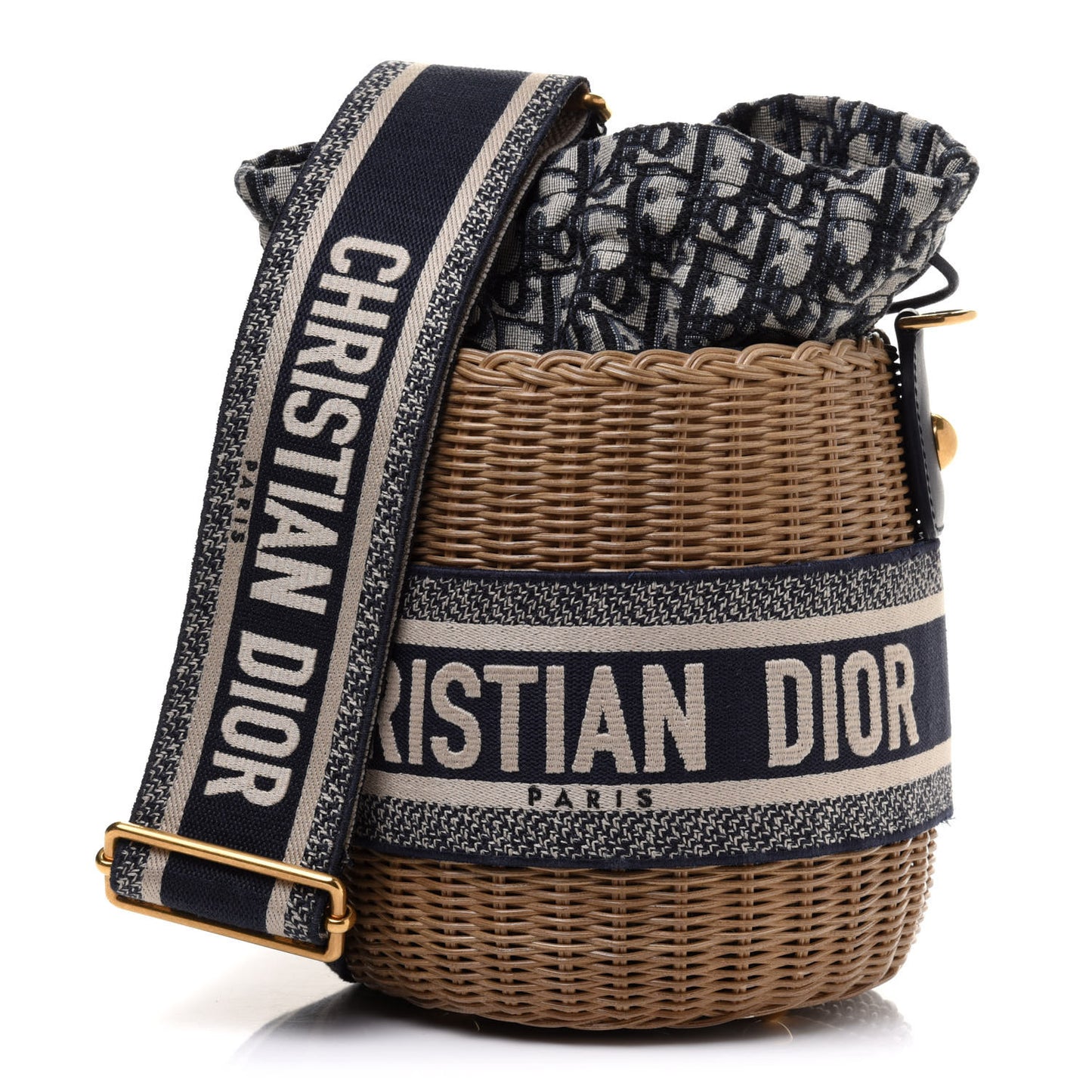 Wicker Oblique Drawstring Bucket Bag Blue