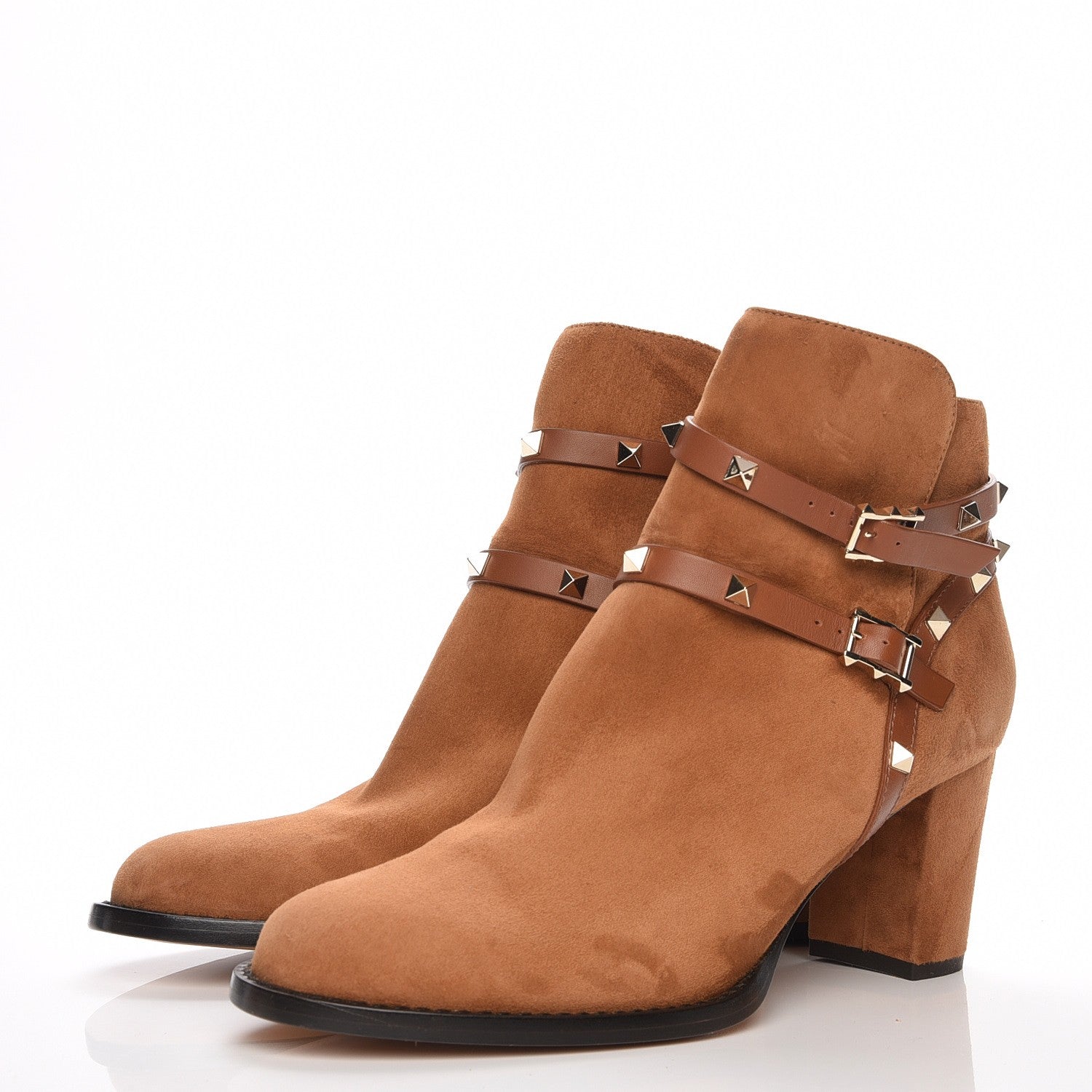 Valentino Garavani Suede Rockstud Double Buckle 70mm Block Heel Ankle Boots 41.5 Tobacco 3 of 8