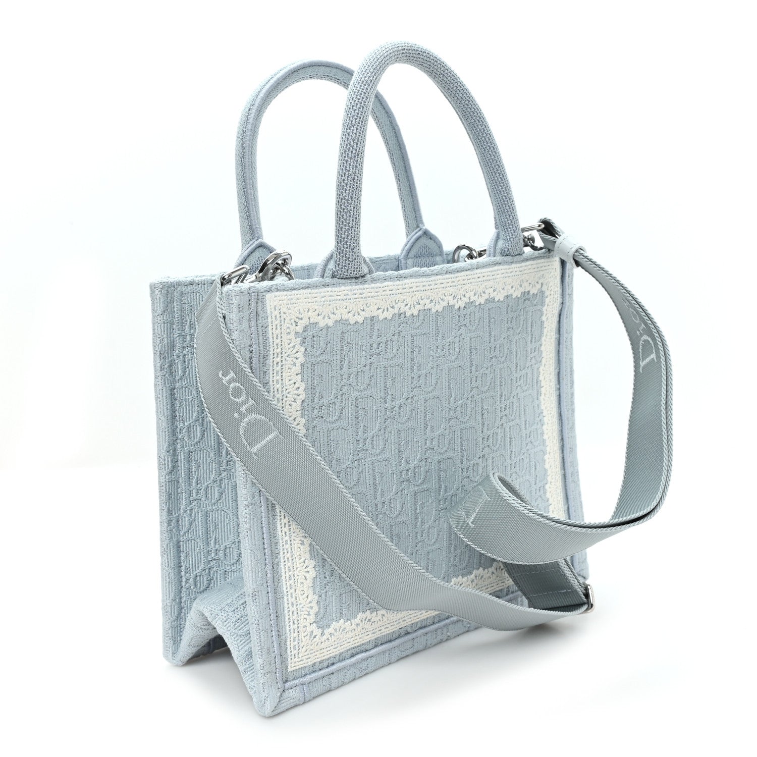 Christian Dior Oblique Embroidered Lace Dior Medallion Small Book Tote With Strap Celestial Blue White 3 of 10