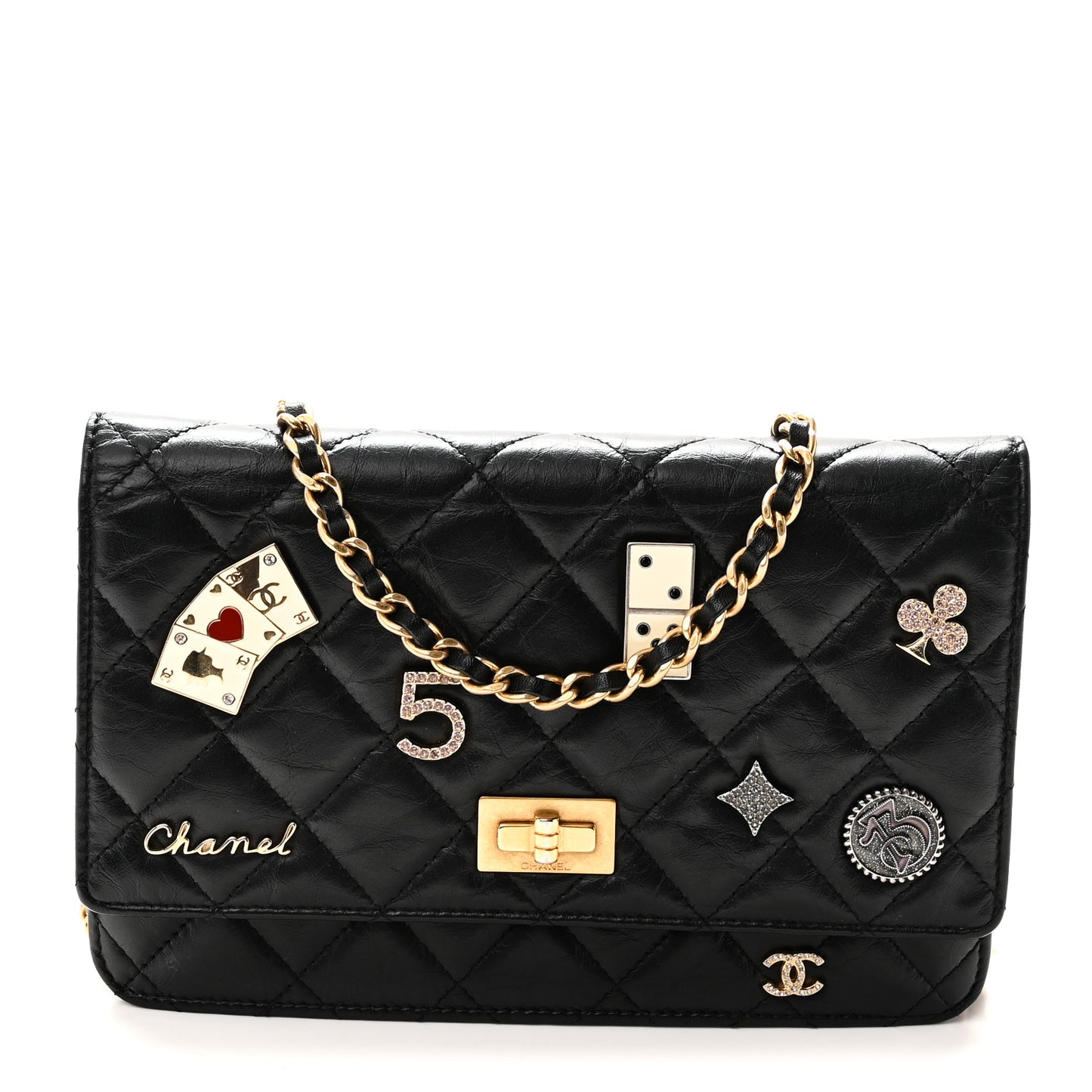 Aged Calfskin Lucky Charms Casino 2.55 Reissue Wallet on Chain WOC Black