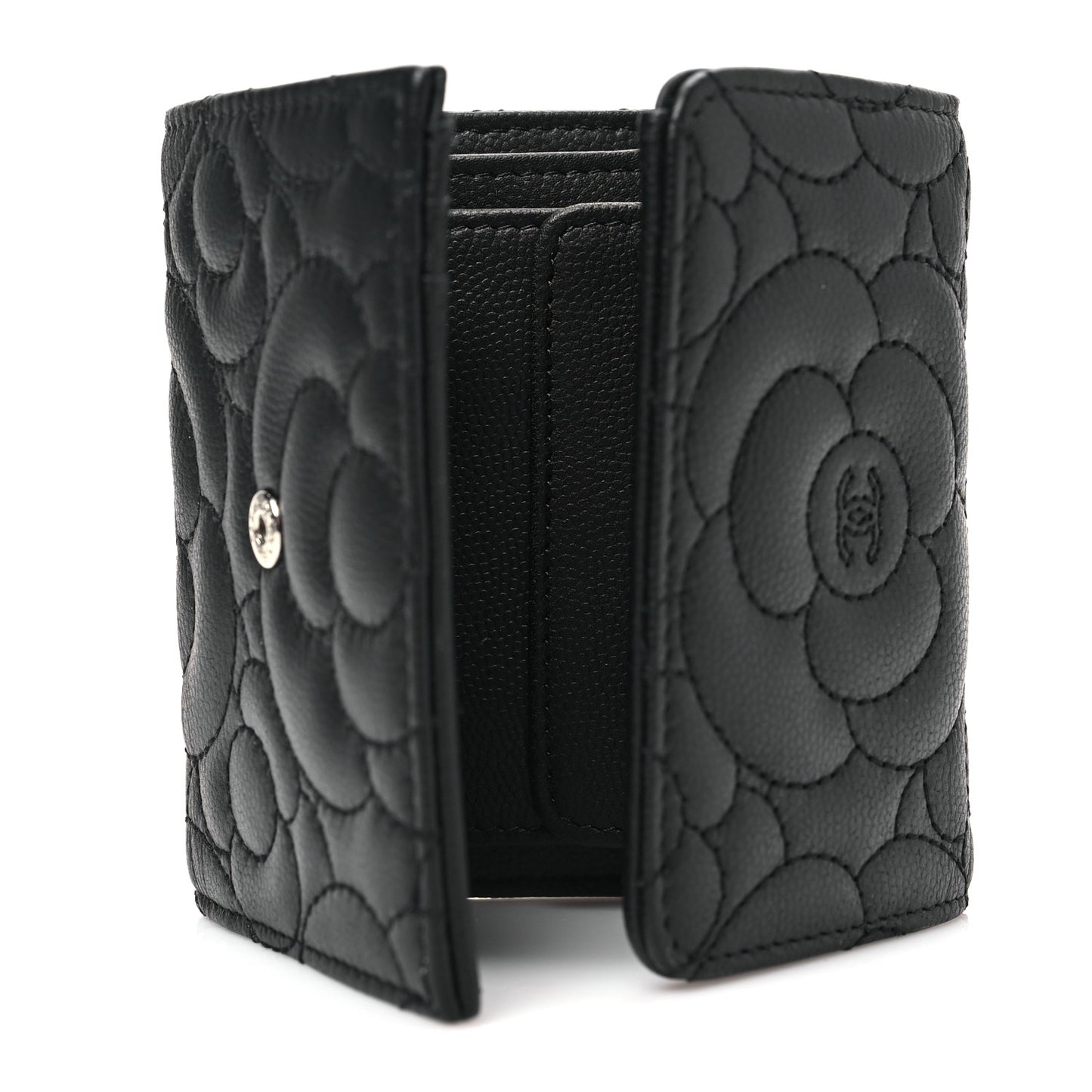 Caviar Camellia Embossed Compact Wallet Black