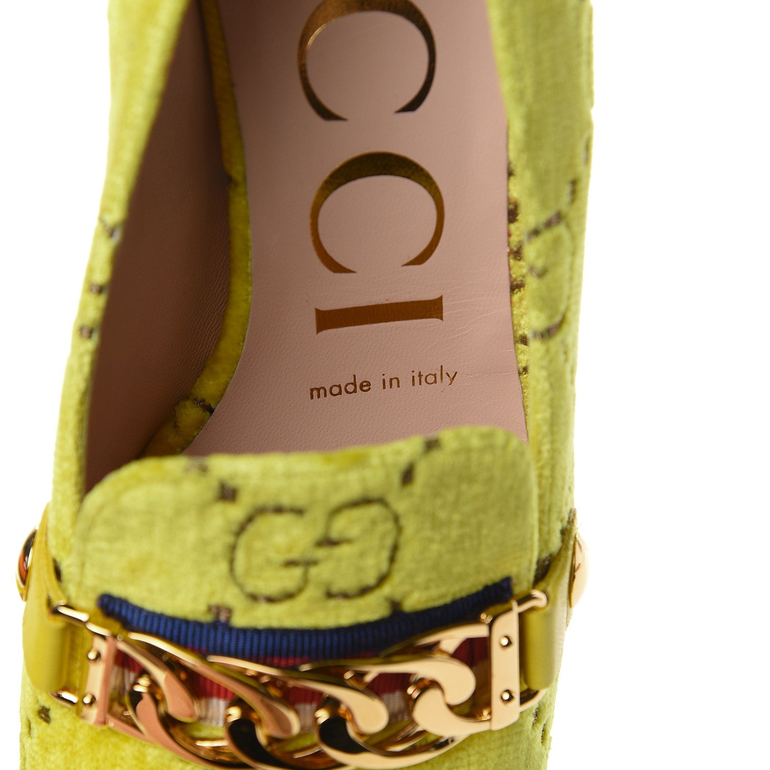 Gucci Velvet GG Monogram Sylvie Web Chain Mid Heel Loafers 36 Sunny Beige 9 of 11