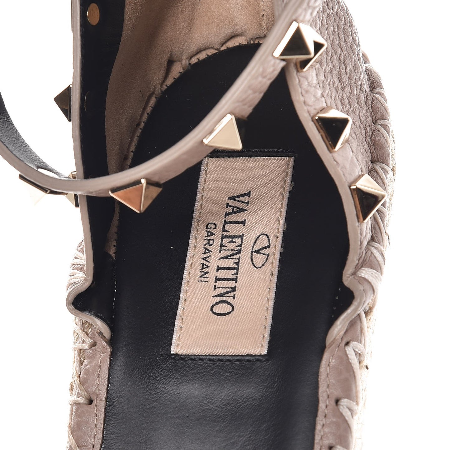 Grained Calfskin Rockstud Ankle Strap Espadrille Wedge Sandals 40 Poudre
