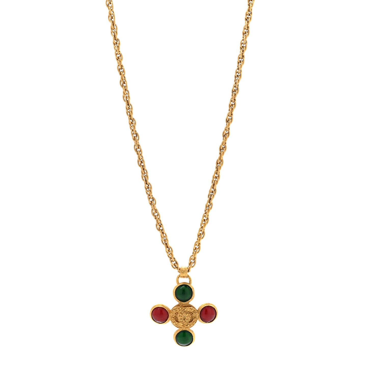 Crystal Gripoix Poured Glass Brooch Pendant Necklace Gold Green Red