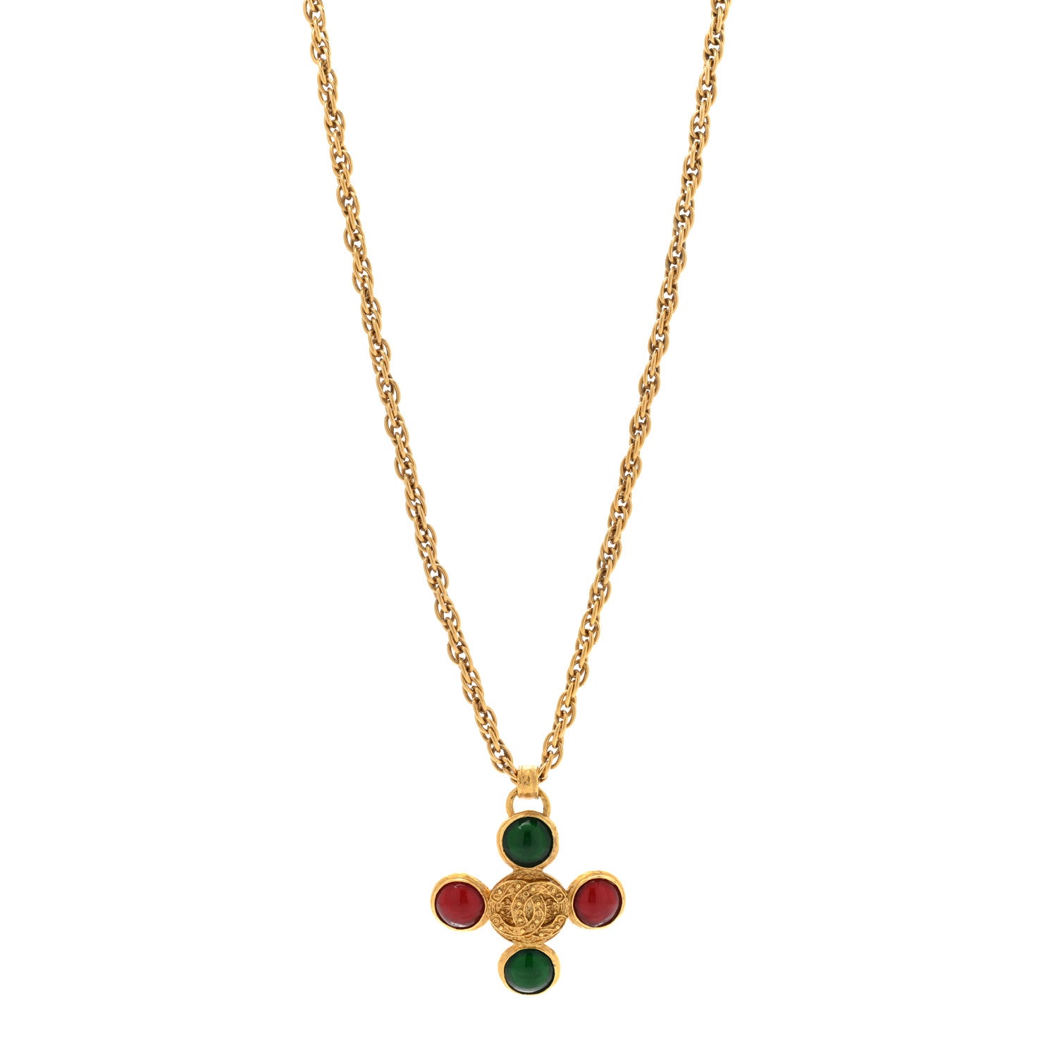Chanel Crystal Gripoix Poured Glass Brooch Pendant Necklace Gold Green Red 1 of 7