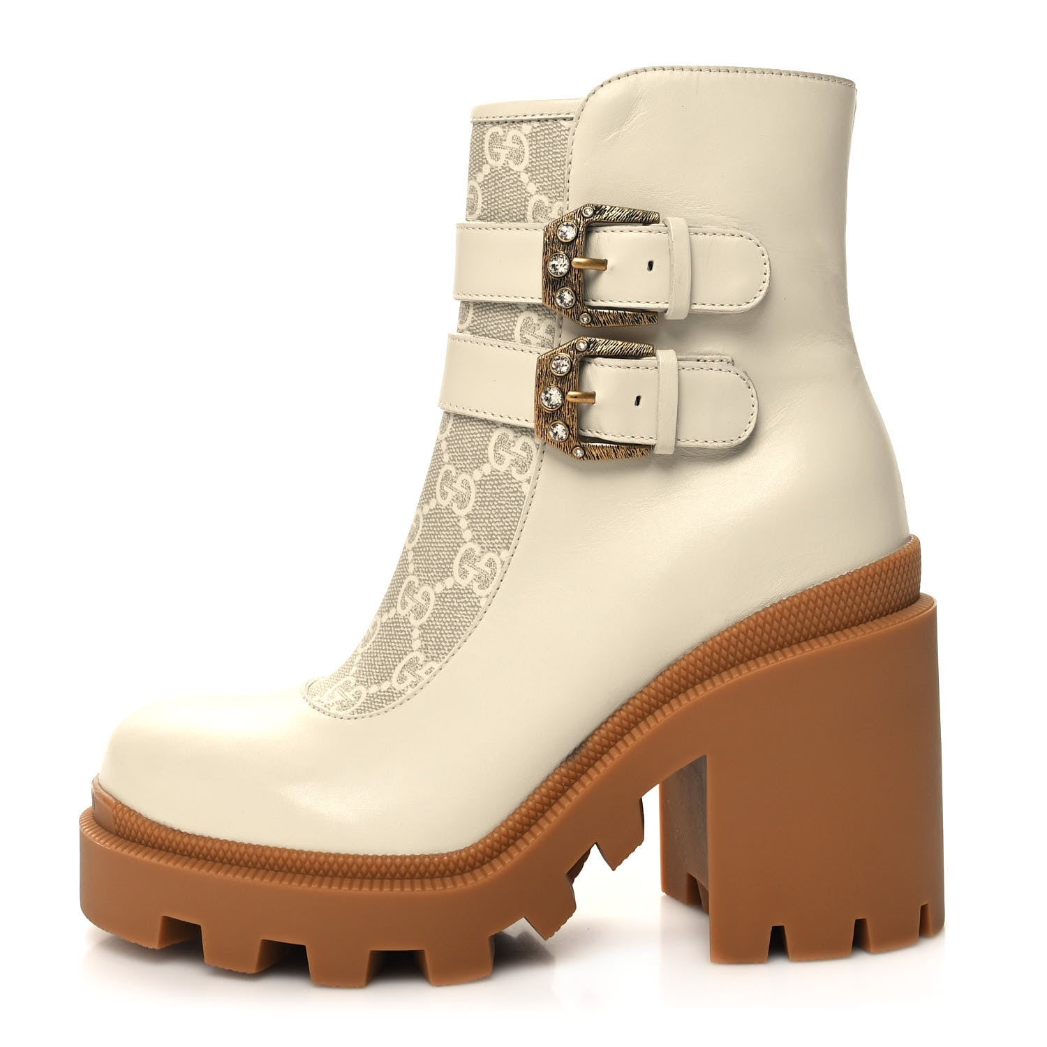 Gucci Kensington Calfskin Nappa GG Supreme Monogram Womens Double Buckle Ankle Boots 36 Mystic White Beige 1 of 9