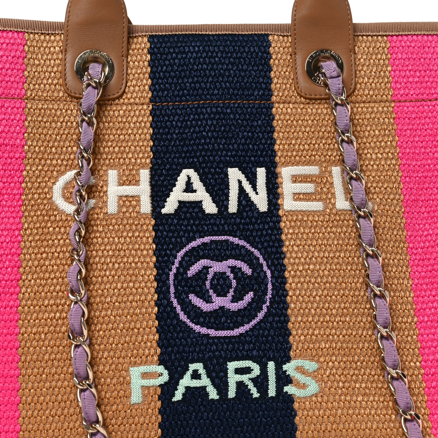 Chanel Straw Raffia Calfskin Striped Medium Deauville Tote Dark Beige Fuchsia Navy Blue 8 of 11