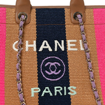 Chanel Straw Raffia Calfskin Striped Medium Deauville Tote Dark Beige Fuchsia Navy Blue 8 of 11