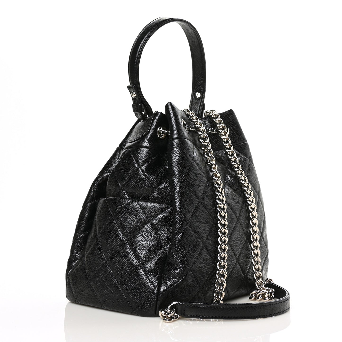 Caviar Flat Quilted CC Chain Bucket Drawstring Bag Black