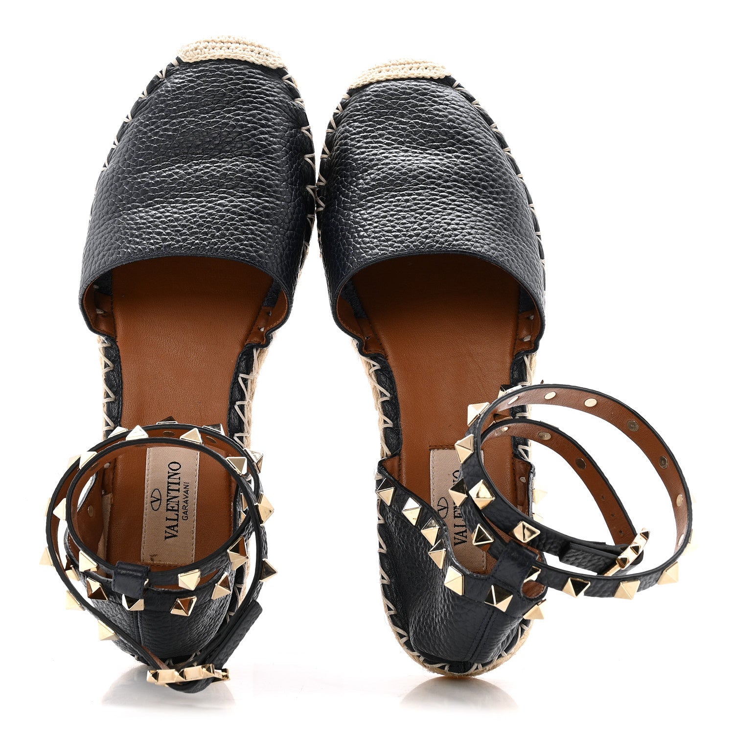 Valentino Garavani Grained Calfskin Rockstud Ankle Wrap Espadrille 20mm Flats 35 Navy 2 of 10