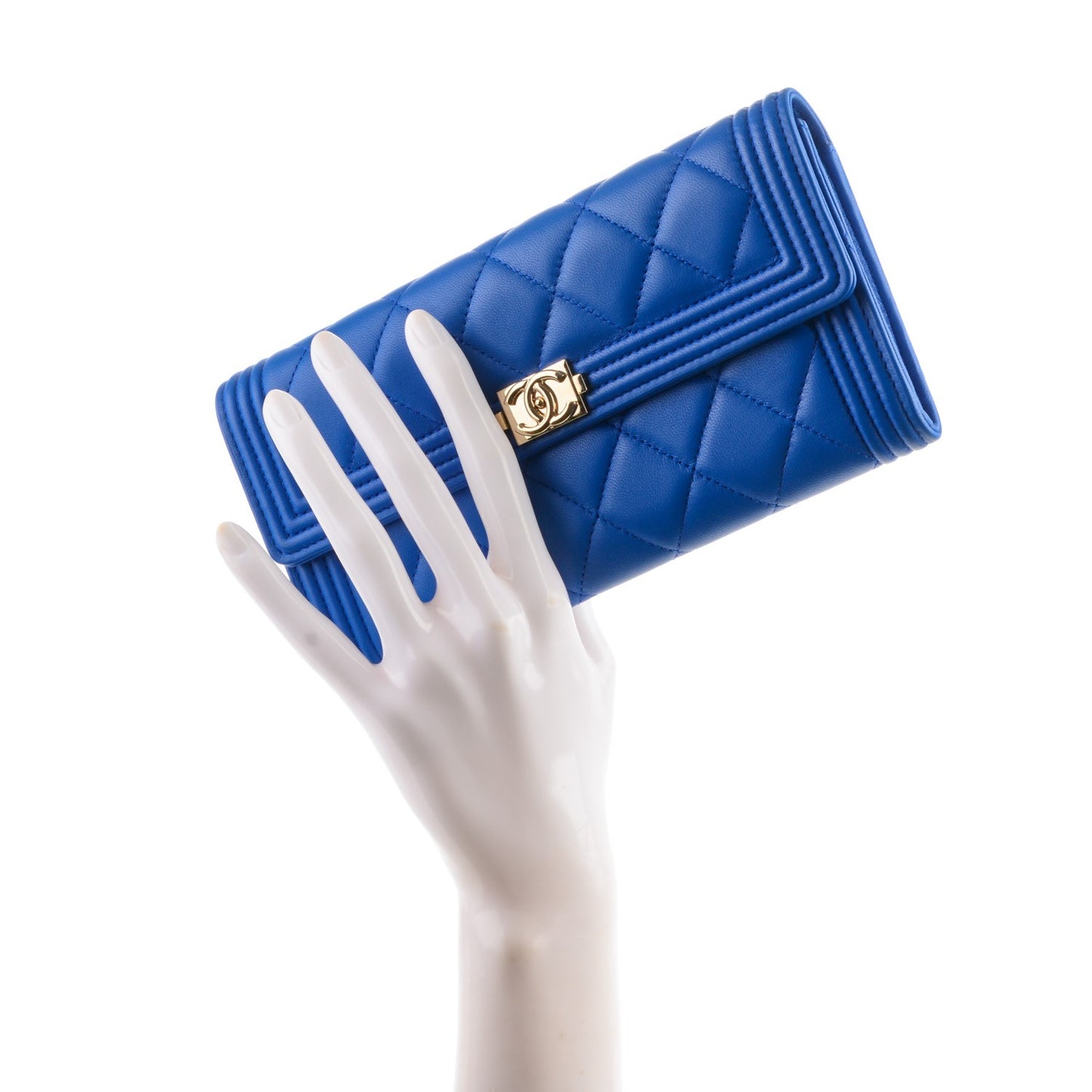 Lambskin Quilted Boy Flap Wallet Blue