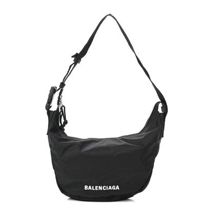 Balenciaga Recycled Sport Nylon Logo Embroidered Large Wheel Sling Bag Black White 1 of 9