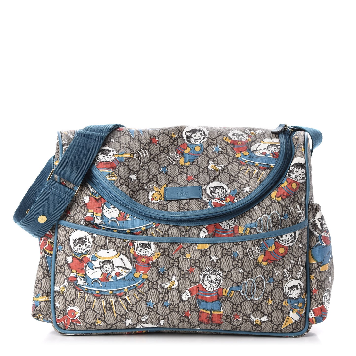 GG Supreme Monogram Space Cats Diaper Bag Turquoise