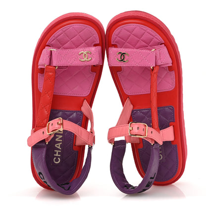 Chanel Lambskin Logo Platform Sandals 38 Red Purple Orange 2 of 11