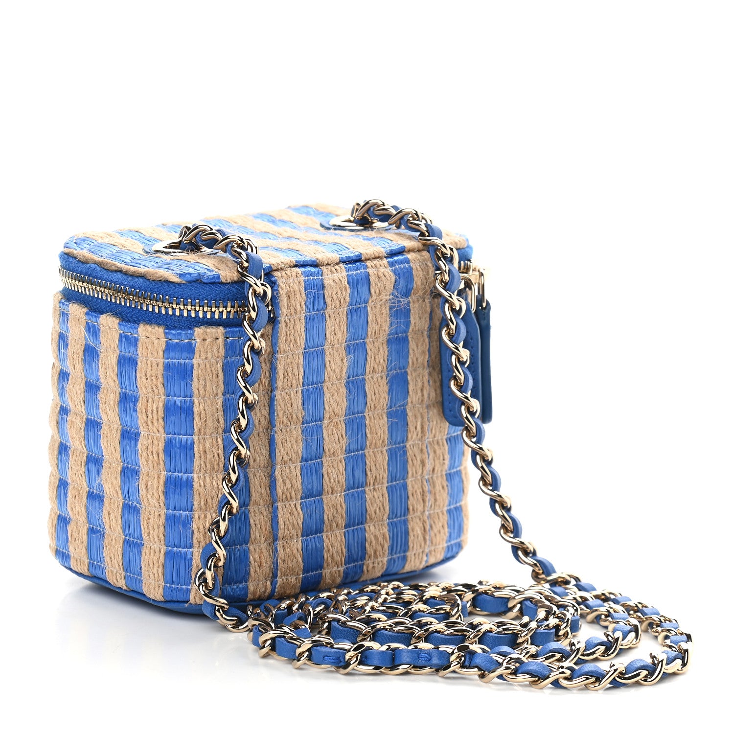 Chanel Raffia Jute Striped Mini Vanity Case With Chain Blue Beige 2 of 9