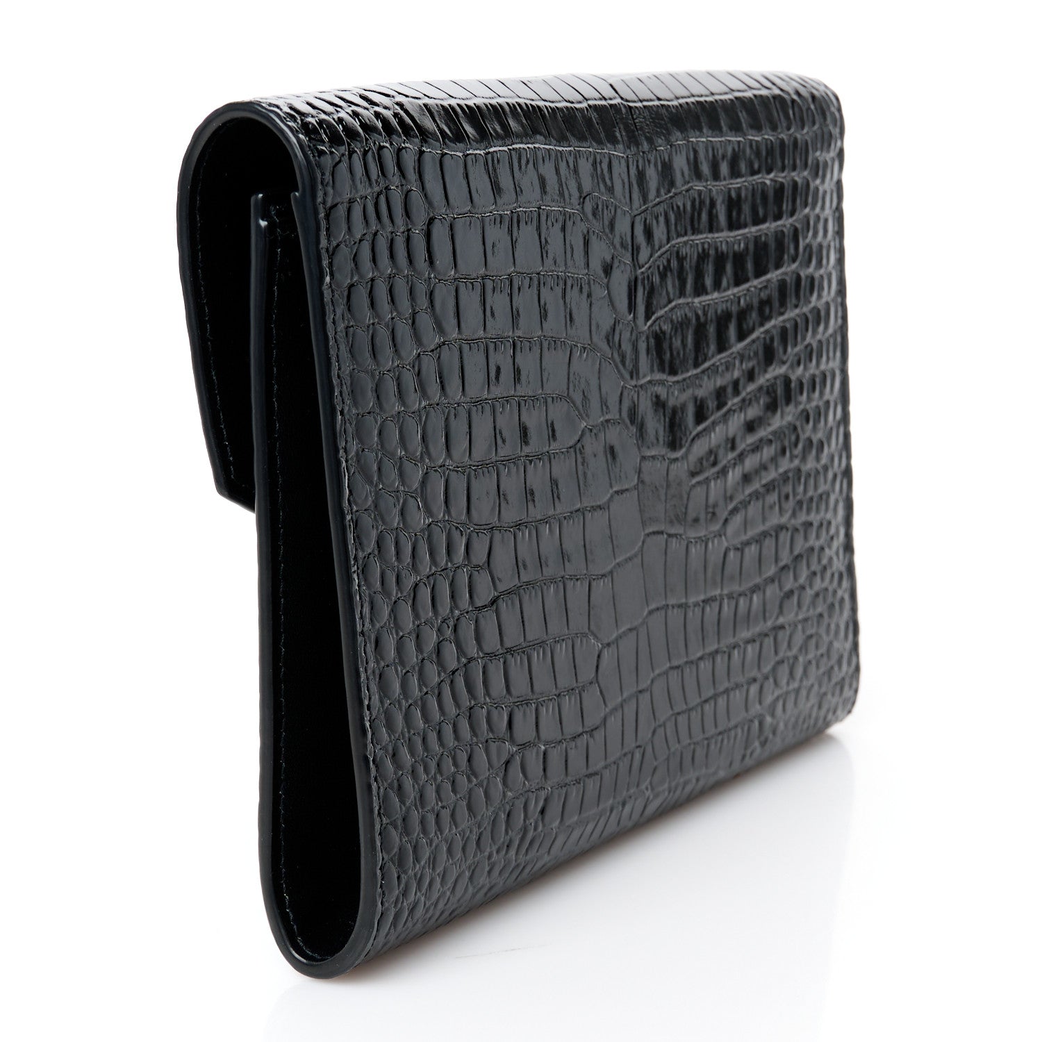 Saint Laurent Calfskin Crocodile Embossed Monogram Cassandre Flap Pouch Black 3 of 8